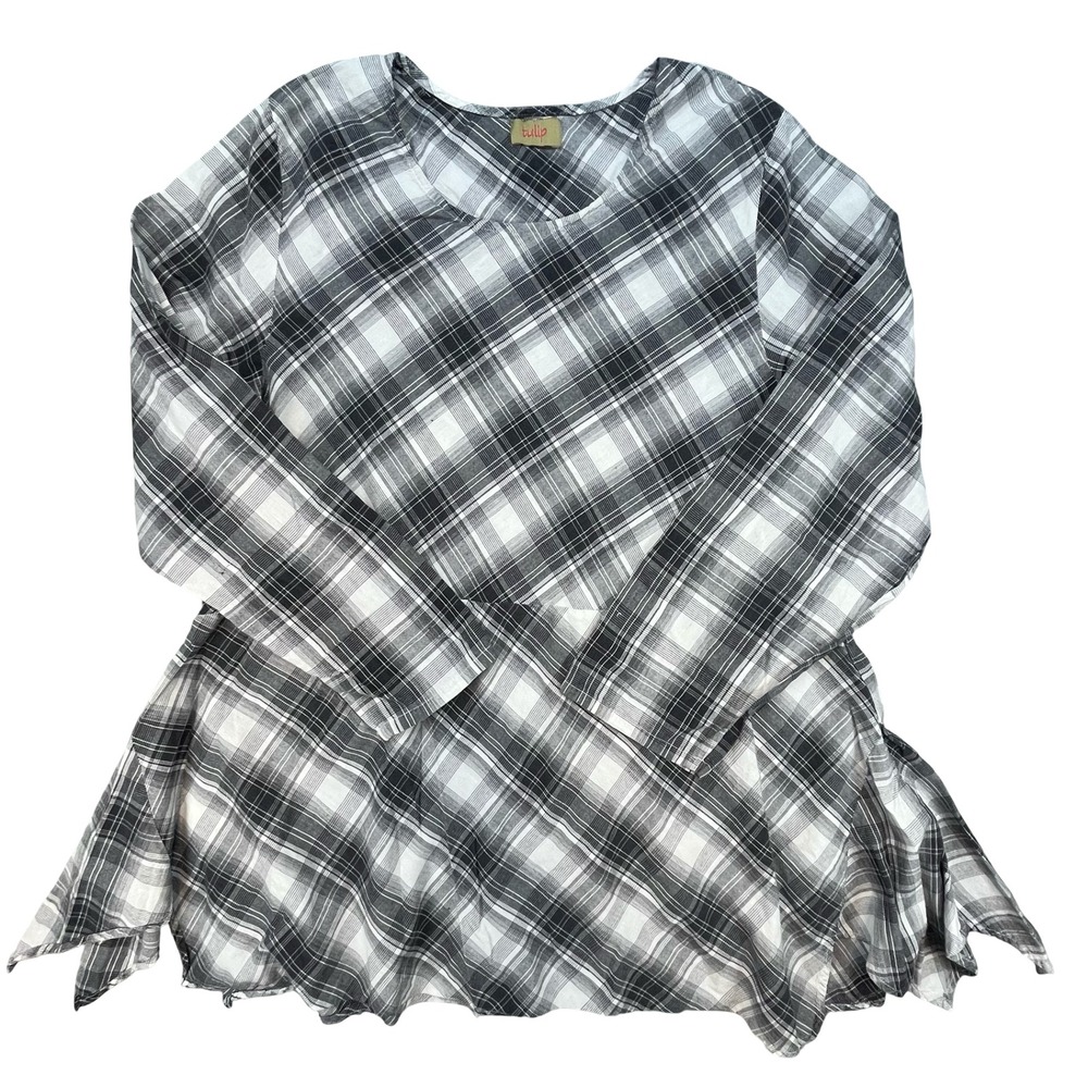 Tulip Plaid Asymmetrical Tunic Top Boho Indie Lagenlook Handkerchief Hem Indie M